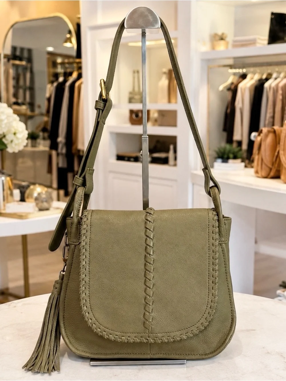 HOBO Brio Olive Leather Whipstitched Tassel Crossbody Bag